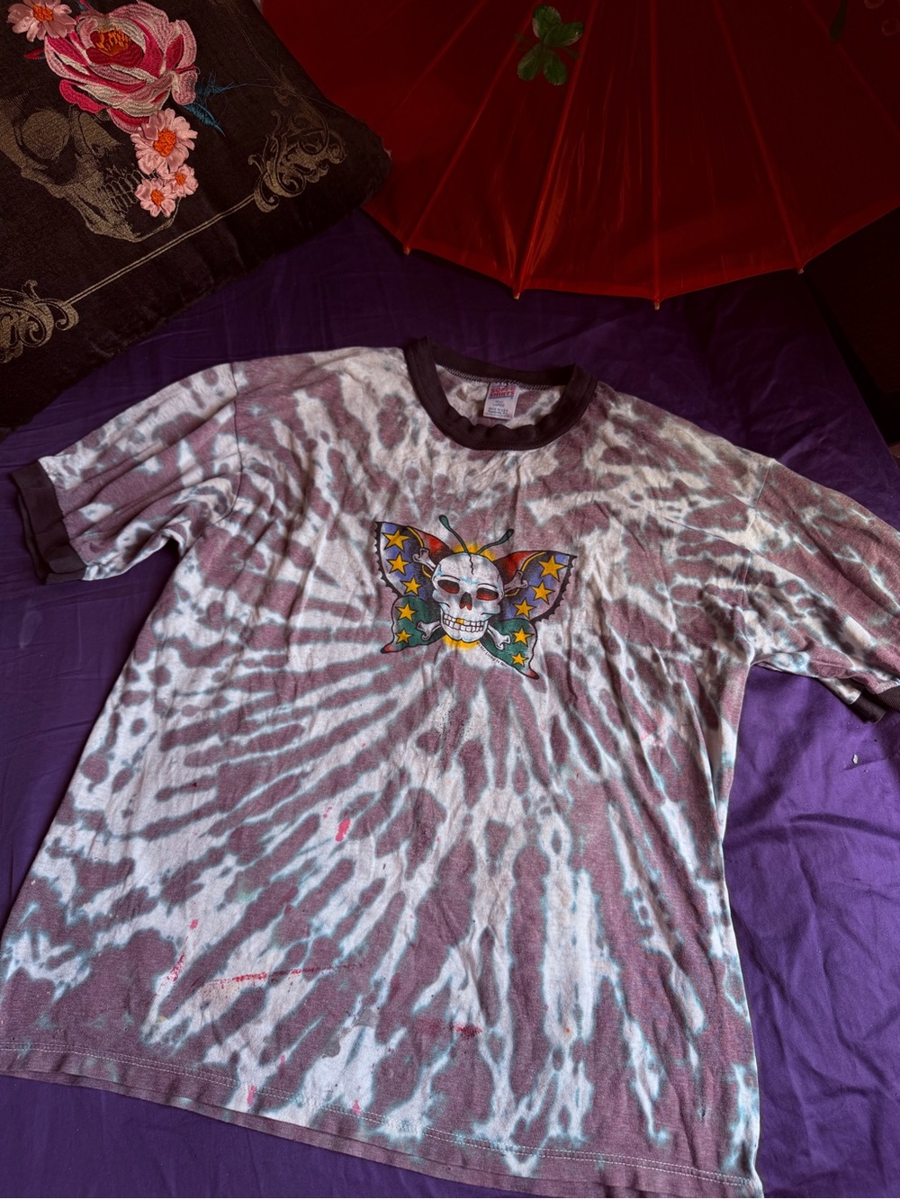 Soffe Purple & White Tie-Dye Skull Butterfly Ringer Tee with Black Trim